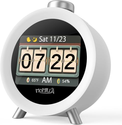 MOMILLA Alarm Clock for Heavy Sleepers Adults, Colorful Screen Temperature, Loud 7-Day Programmable 4 Alarms, Kids Alarm Clocks for Bedrooms Boys Girls, Easy to Set, Digital White Noise, Hourly Chime - style: Silver Button