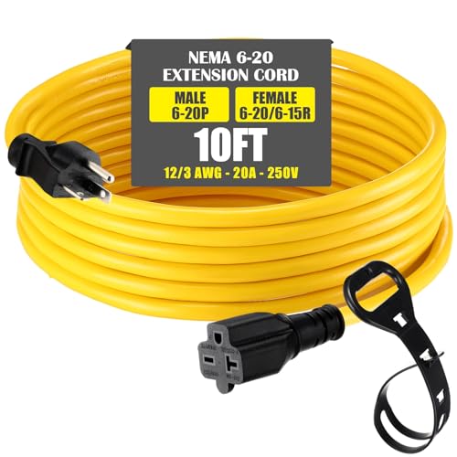 10 ft Nema 6-20 Extension Cord, Nema 6-20p Male Plug to 6-20r/6-15r Female Receptacle, 20 Amp T-Blade Outlet Extension Power Cord with Waterproof Sockets, Heavy Duty 12/3 Awg, 250v, 5000w - size: 10 ft