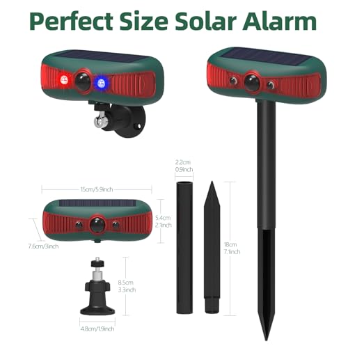 Solar-Powered Motion Security Alarm: 129dB Loud Siren & Red-Blue Strobes, 4 Modes Deters Deer/Cats/Raccoons Waterproof Dual Mount for Yard/Garden/Farm