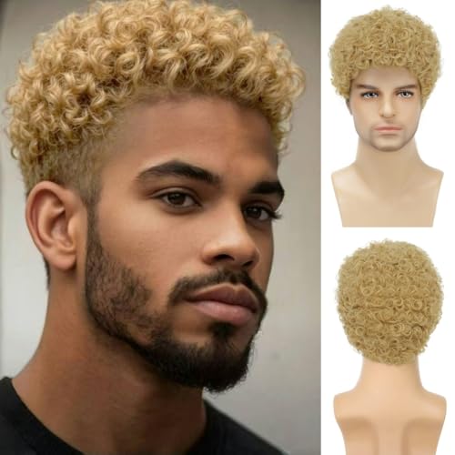 Afro Curly Dark Brown Wig for Men Short Synthetic Halloween Cosplay Costume Replacement Hair Wigs - color: B-Blond