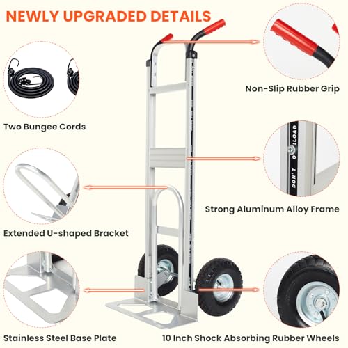 Aluminum Hand Truck Dolly Cart with 10" Pneumatic Tire,Hand Trucks Heavy Duty 600 LBS Capacity,Platform Hand Cart for Transport & Moving in Warehouse, Home, Supermarket(red)