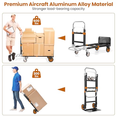 3-in-1 Folding Hand Truck,600lb Convertible 4 to 2 Wheel Dolly Cart Orange | For home office warehouse garage farm gym, carbon steel frame, base expands 35-44in, swivel rubber wheels, folds flat - color: Orange