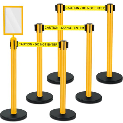 Therwen 6 Pack Heavy Duty Crowd Control Stanchions 9.8 ft Stainless Steel Stanchion Set with 6 Safety Barrier Post Retractable Belt and 1 Sign Holder Crowd Control Barrier(Caution Belt,Yellow) - color: Yellow, size: Caution Belt