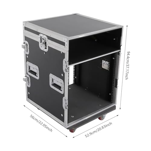 14U PA DJ Pro Audio Rack Road Case w/Slant Mixer Top, Heavy Duty Mobile Studio Equipment Cabinet w/4 Wheels, Network and Stereo Rack DJ Mixer Rack for Mixers & Live Sound - size: 14U / Side Tables & 4 Wheels