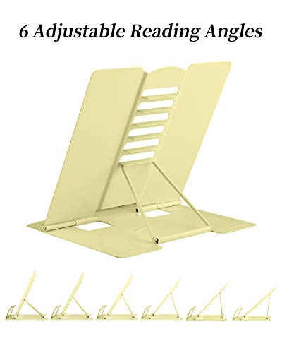 MSDADA Desk Book Stand Metal Reading Book Holder Adjustable Cookbook Holder | Documents Holder Portable Sturdy Bookstands Rest for Recipes Textbooks Tablet Music Books with Page Clips (Light Yellow） - color: Light Yellow