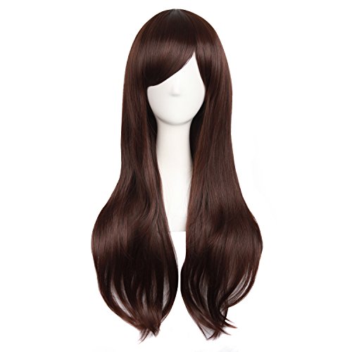 MapofBeauty 28 Inch Long Curly Hair Costume Cosplay Wig, Dark Brown | 70 cm Wig, Women, Side Bangs, Fashion - color: Dark Brown