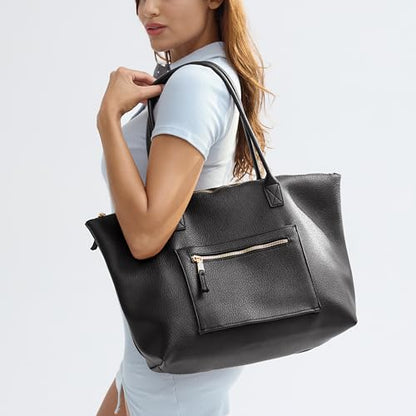HOXIS Tote Bag for Women with Zipper Vegan Leather Handbag with Trolley Sleeve Travel Weekender Carryall Bag - color: Black