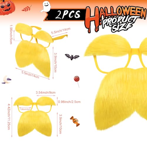 1 Pair Yellow Glasses with Mustache and Eyebrows Set, Halloween Funny Disguise Glasses Fake Mustache Cosplay Accessories Party Supplies Favors Gift for Party Favors Adults