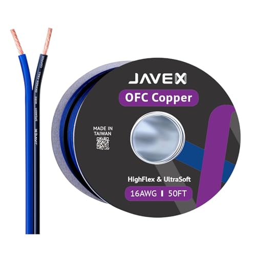 JAVEX Speaker Wire 16 Gauge 50FT Oxygen-Free Copper Audio Cable, Blueblack | 16 AWG HighFlex Thin Flat Cable Wire with Foot Markers for Automotive Car Stereo, Home Theater, Audio Cable DIY Installations - size: 50FT, style: 16AWG