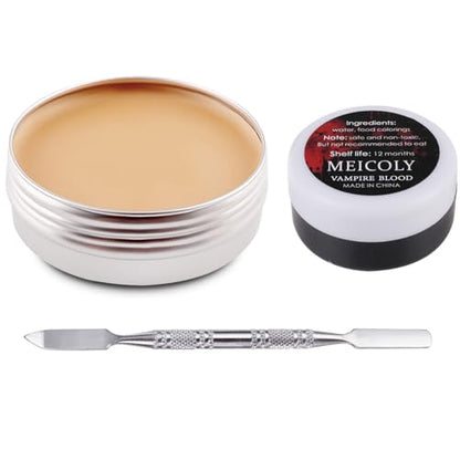 MEICOLY 3Pcs Special Effects SFX Makeup Kit,Fake Nose Skin Putty Wax Makeup for Cosplay,Scar Wax Fake Scar Modeling Wax for Fake Cut Wound with Spatula,Fake Blood Scab Coagulated Blood Gel,Light - color: scar wax kit,02