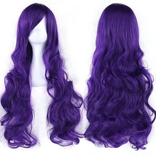 IMISSU 80cm Long Curly Natural Hair Cosplay Wig with Bangs Colorful Halloween Costume Party Wigs for Women (Dark Purple) - color: Dark Purple