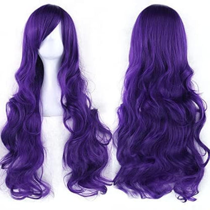 IMISSU 80cm Long Curly Natural Hair Cosplay Wig with Bangs Colorful Halloween Costume Party Wigs for Women (Dark Purple) - color: Dark Purple