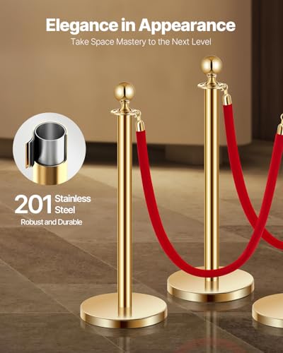 VEVOR Stanchions and Velvet Ropes 8Pcs, Hollow Base with Stainless Steel Post, 6 Red Velvet Ropes and Posts, Crowd Control Barriers Gold Stanchions, Red Carpet Runner Poles for Party Supplies - color: Gold