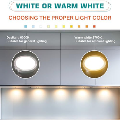 Curio Cabinet Lights Kit, Over Under Counter LED Puck Lights, Low Profile 0.3", 120V Wall Plug in, RF Wireless Remote Control Dimmable, Linkable, White Cables, Daylight 6000K, 6 Lights - color: 6 Lights, Daylight