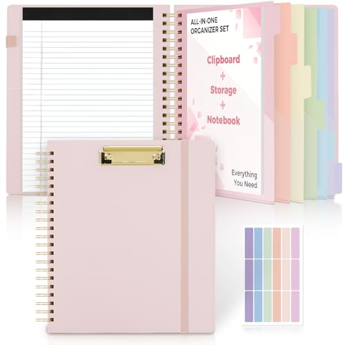 SKYDUE Storage Clipboard Folder with 6 Dividers & Refillable Notepad | 6 Dividers with 12 Pockets for Letter Size, A Snap-seal Letter size Pouch,Spiral Clipboards Padfolio for Teacher Worker Nurse - color: Pink