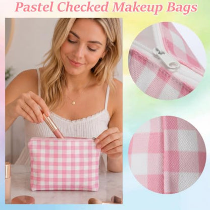 Reginary 12 Pcs Pastel Checkered Makeup Bags Bulk Gingham Cosmetic Bags | Gingham Pouches, Pastel Party Favors, Canvas Zipper Travel Bags, Women Girl Trip Weekend Vacation Bachelorette Party Gifts - style: Pastel Plaid