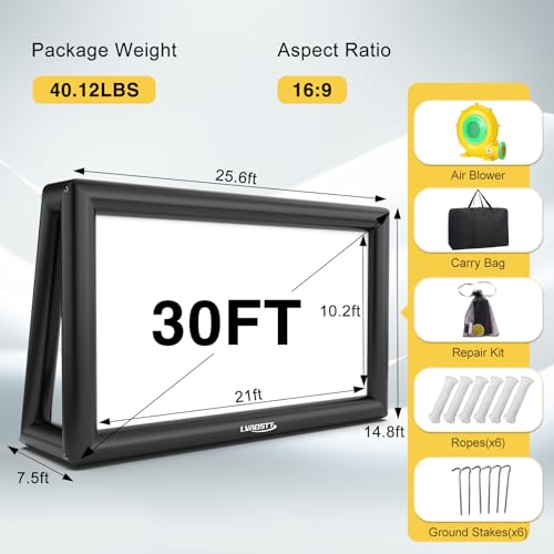 Inflatable Projector Screen, 30FT Blow Up Movie Screen Outdoor Projector, Easy Set Up One-piece Design Front & Rear Projection with Air Blower for Outside Backyard Family Movie Night Pool Party - size: 30FT