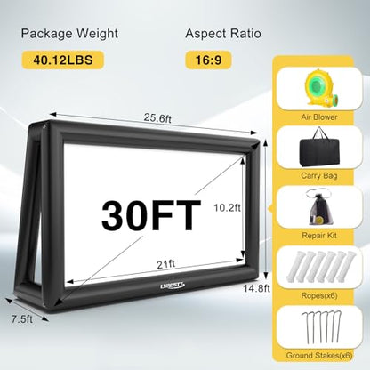 Inflatable Projector Screen, 30FT Blow Up Movie Screen Outdoor Projector, Easy Set Up One-piece Design Front & Rear Projection with Air Blower for Outside Backyard Family Movie Night Pool Party - size: 30FT