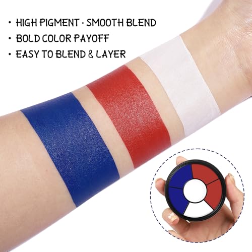 BOBISUKA Red White Blue Cream Face & Body Paint Palette Kit with 3 Brushes 3 Sponges, Highly Pigmented Easy to Blend Long Lasting Makeup for Patriotic Pride, 4th of July, USA Flag, Independence Day - color: 08 4th of July
