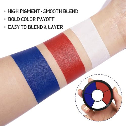 BOBISUKA Red White Blue Cream Face & Body Paint Palette Kit with 3 Brushes 3 Sponges, Highly Pigmented Easy to Blend Long Lasting Makeup for Patriotic Pride, 4th of July, USA Flag, Independence Day - color: 08 4th of July