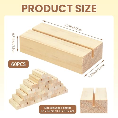 60Pcs 2.75x1.38 Inches Wood Table Number Stands, Wooden Place Card Holders, Acrylic Sign Holders for Wedding, Ceremony, Birthday, Party, Home Decoration, Events (3mm Slots) - size: 60 Pcs- L 2.75"- Slots 3mm