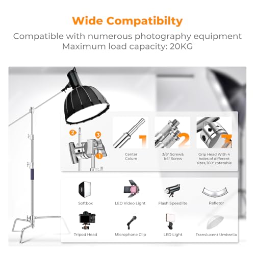 K&F CONCEPT Heavy Duty C Stand, 10.8ft, with Holding Arm, Stainless Steel | 2*Grip Head Stainless Steel Photography Light Stand C-Stand Sturdy for Studio Monolight, Softbox, Reflector, TL05