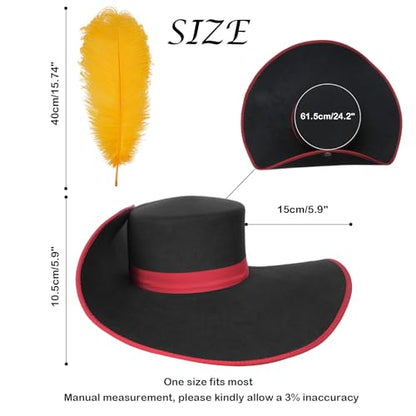 Cavalier Hat Puss Cosplay Cat Boots Costume Hat for Adult, Halloween Hats with Feather for Men/Women