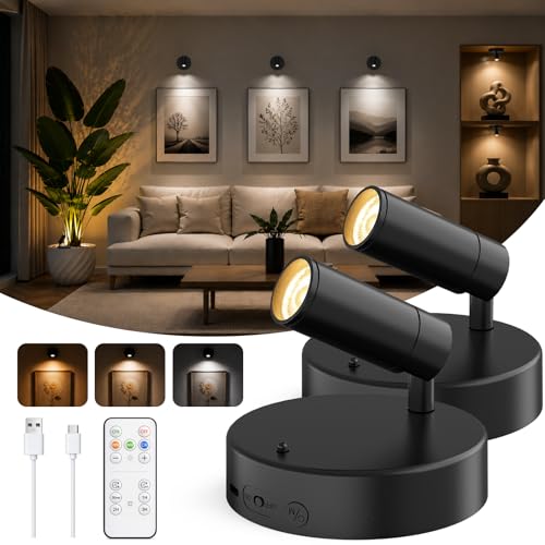 Spotlights Indoor with Remote, 5500Mah Rechargeable Picture Lights on Wall | Wireless Plant Spot Lights Indoor with 3 Colors & Dimmer, LED Up Light for Painting, Artwork, Large Battery Capacity - color: Black-5500mAh
