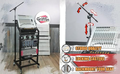 GRIFFIN Rack Mount Cart Stand & Top Mixer Platform 25U (Studio-XPRO Steel Series) – Rolling Music Booth Case Holder – Sound Stage Audio Equipment DJ Gear Display for Amplifier, Effects