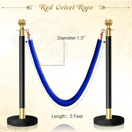 6PCS Blue Velvet Stanchion Rope 5 Ft Crowd Control Ropes Barrier with Gold Hooks for Party - color: Blue&Gold, size: 6PCS