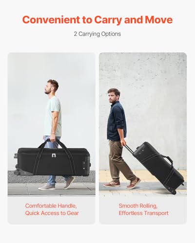 VEVOR Studio Equipment Trolley Case, 35.83 x 11.81 x 14 in / 91 x 30 x 35.5 cm, Rolling Camera Bag, Carrying Bag with Wheels Straps Padded Compartment Handle, for Light Stands, Tripods, Telescopes - size: Medium