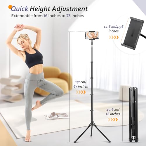 Aureday Adjustable Tripod Stand, 67” Height, Tablet Holder for iPad mini/Air/Pro, Kindle, Switch, Smartphones, 4.7”-12.9” Devices - color: Black