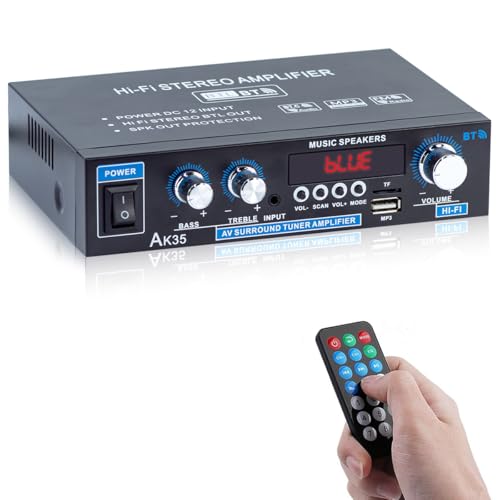 AK35 Bluetooth 5.0 Stereo Amplifier, 2.0 Channel Mini Audio Receiver, 30Wx2 Home HiFi Audio Amp with Bass/Treble Control for Home Theater, TV, Speakers, Car
