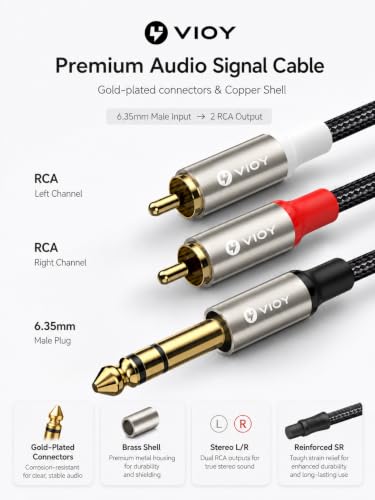 VIOY 1/4 to RCA Cable 20FT, 6.35mm TRS Male to Dual RCA Male Y-Splitter | Copper shell, dual shielding lossless Hi-Fi sound,braided bidirectional transmission for amplifier, mixer, home theater - color: Champagne gold, size: 20FT