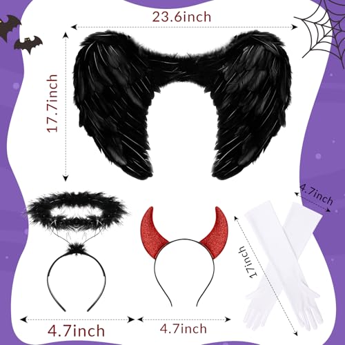Chuangdi 9 Pcs Angel Wings Costume Set with Headband Gloves Horns Women | White Fairy Black Angel Red Devildom Halloween Costume Wing Headband Satin Gloves Red Horns for Halloween Cosplay Accessories