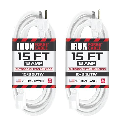 Iron Forge Cable 16 Gauge Heavy Duty White Extension Cord, 15 Ft - SJTW | 16/3 SJTW Cable, 2 Pack, 3 Prong Grounded Plug, 13 Amp - For Landscaping, Leaf Blowers, Lights, Appliances - size: 15 Foot - 2pk