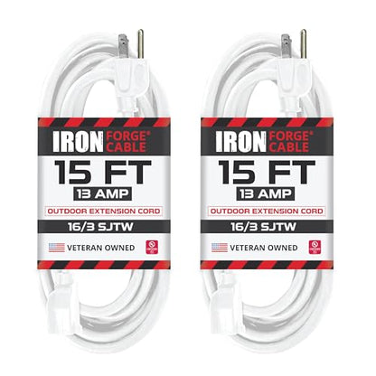 Iron Forge Cable 16 Gauge Heavy Duty White Extension Cord, 15 Ft - SJTW | 16/3 SJTW Cable, 2 Pack, 3 Prong Grounded Plug, 13 Amp - For Landscaping, Leaf Blowers, Lights, Appliances - size: 15 Foot - 2pk