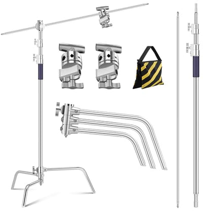 K&F CONCEPT Heavy Duty C Stand, 10.8ft, with Holding Arm, Stainless Steel | 2*Grip Head Stainless Steel Photography Light Stand C-Stand Sturdy for Studio Monolight, Softbox, Reflector, TL05