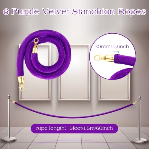 Nuogo 6 Pack Velvet Stanchion Rope,5 Feet Velvet Rope with Gold Hook,Purple | Safety Rope Off Barrier, Crowd Control, 1.2 IN in Diameter, Event Weddings Graduation Theaters Grand Opening Hotel - color: Purple