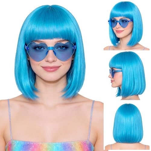 Short Bob Straight Hair Wigs with Bangs, Heat Resistant Fiber Hair, Heart-shaped Glasses for Women (Sky Blue) - color: Sky Blue