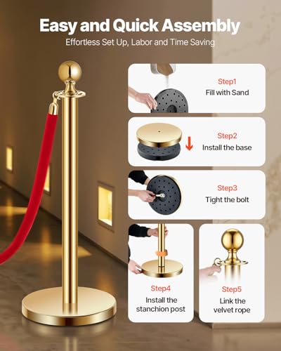 VEVOR Stanchions and Velvet Ropes 8Pcs, Hollow Base with Stainless Steel Post, 6 Red Velvet Ropes and Posts, Crowd Control Barriers Gold Stanchions, Red Carpet Runner Poles for Party Supplies - color: Gold