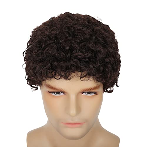 Swiking Mens Brown Afro Curly Wig Rocker Wig Dark Brown Short Hair Replacement Wigs Cosplay Daily Costume Wigs for Male Guy(Dark Brown) - color: Dark Brown