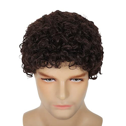 Swiking Mens Brown Afro Curly Wig Rocker Wig Dark Brown Short Hair Replacement Wigs Cosplay Daily Costume Wigs for Male Guy(Dark Brown) - color: Dark Brown