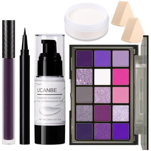 UCANBE Halloween Makeup Kit – 15-Color Purple Eyeshadow Palette, White Liquid Foundation, Purple Liquid Lipstick, Black Eyeliner, Setting Powder & Sponges Makeup Set for Cosplay Witch Devil Sorceress - color: Purple Makeup Kit