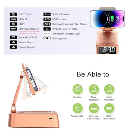 Gifts for Women Girls, Phone Stand with Bluetooth Speaker 360°Rotable Angle | Phone Holder for Desk/ HD Subwoofer Sound/ Fits Smart Phones/Alarm Clocks - color: Rose Gold