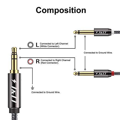 J&D 1/8 to 1/4 Stereo Cable, 3.5mm TRS to Dual 6.35mm TS Breakout Cable Y Splitter Cord for Amplifiers/Audio Mixer/Audio Recorder/MP3/MP4, Nylon Braid, Gold Plated Copper Shell, 25 Feet - size: 25 Feet
