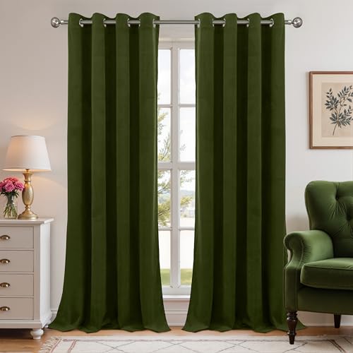 YoungsTex Olive Green Velvet Curtains, Drapes 84 Inches Long 2 Panels Set | Blackout Window Treatmens with Grommet Room Darkening for Bedroom Living Room Privacy, 52 X 84 Inch - color: Olive Green, size: 52"W x 84"L (Pack of 2)