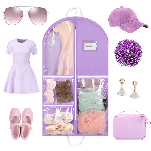Linodes Dance Costume Bags Garment Bag 40'' for Dance Travel/Competition Storage with 4 Medium Clear Zipper Pockets and 1 Large Back Zipper Pocket-Fabric & PVC (Purple-Fabric & PVC, 40''- 6 Pack)