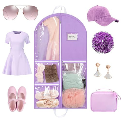 Linodes Dance Costume Bags Garment Bag 40'' for Dance Travel/Competition Storage with 4 Medium Clear Zipper Pockets and 1 Large Back Zipper Pocket-Fabric & PVC (Purple-Fabric & PVC, 40''- 6 Pack)