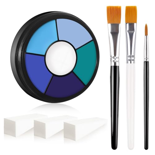 BOBISUKA Blue Cream Face & Body Paint Palette Kit with 3 Brushes 3 Sponges, Highly Pigmented Easy to Blend Long Lasting Makeup for Corpse Bride, Sally, Avatar, Mermaid Costume & Theme - color: 03 Mystic Avatar Blue/Corpse Bride
